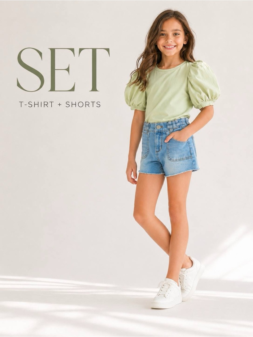 A Loves A Girls Set Top Shorts Antique Jade Denim Puff Sleeve Size S 7 NWT
